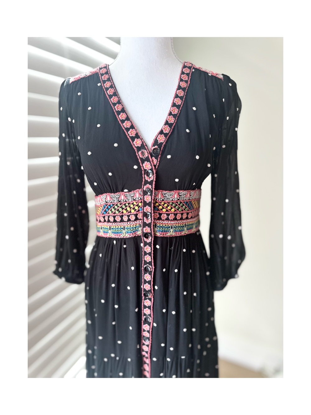Anthropologie Black Polka Dot Midi Dress with Pink Embroidered Waist - Picture 2 of 6
